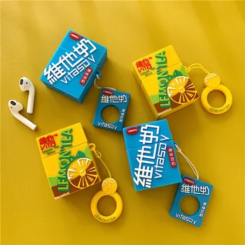 

3D Cute Vitasoy VITA Lemon Tea Silicone Earphone Cases For Apple Airpods 1/2 Shockproof Protection Skin Cover with Ring Lanyard