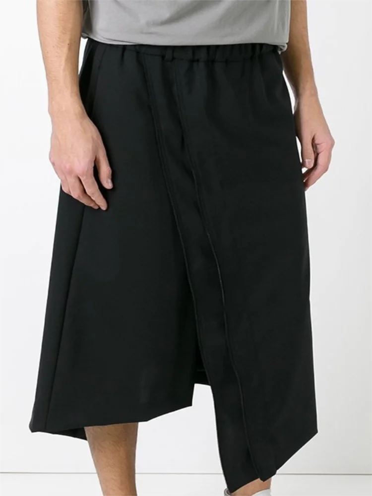 

Spring/summer new men's hair stylist fashion irregular design casual pants culottes with black zipper edge trim elastic waist