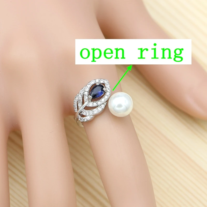 925 Silver Jewelry Set For Women Engagement Gift Blue Stone White Pearl Heart Shape Bracelet Necklace Pendant Earrings Open Ring - 4