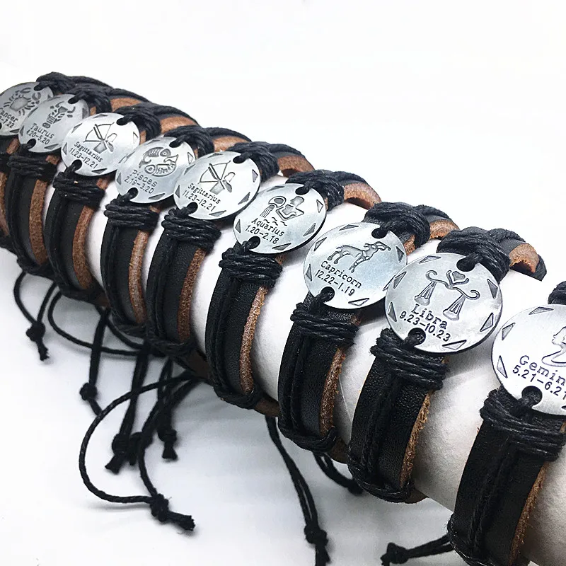 MixMax 12pcs/lot Mix 12 constellations Handmade Cuff Leather Bracelets for Men Women Bangles Wristbands Wholesale dropshipping 5