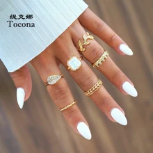 Tocona в богемном стиле 6 шт./компл. Лидер продаж корона лист полые Genmetric дизайнерские шлепанцы; цвет золотой, Цвет опал кольца для Для женщин женские ювелирные изделия 5809