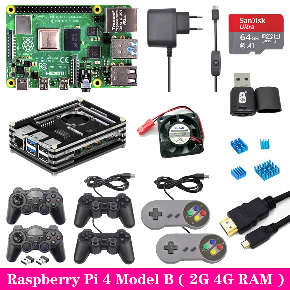  Raspberry Pi 4 2GB 4GB RAM juego kit con USB Gamepad Joystick caja acrílica tarjeta SD fuente de al