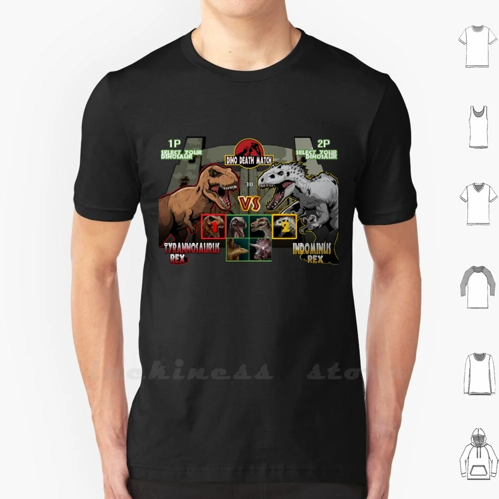 Dino Death Match T Shirt Big Size T Rex Dinosaur Dinosauri Tyrannosaurus Rex Indominus Rex Fighting Game Videogioco Retro
