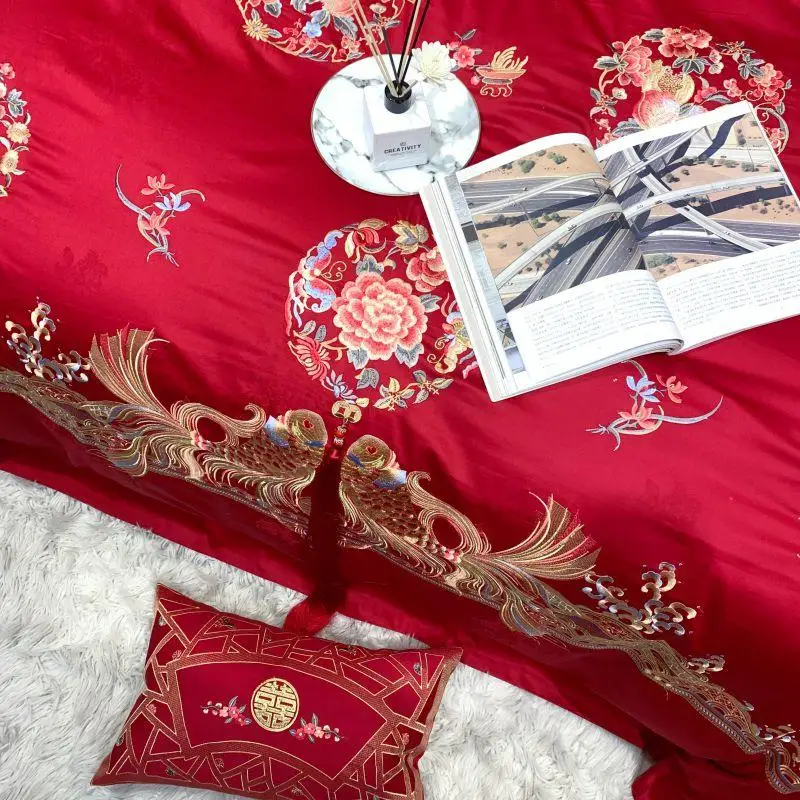 Century wedding Bedding Set red embroidery Bed Set 100S Long-staple cotton Duvet Cover Set Queen King size Bed Sheet Pillowcases