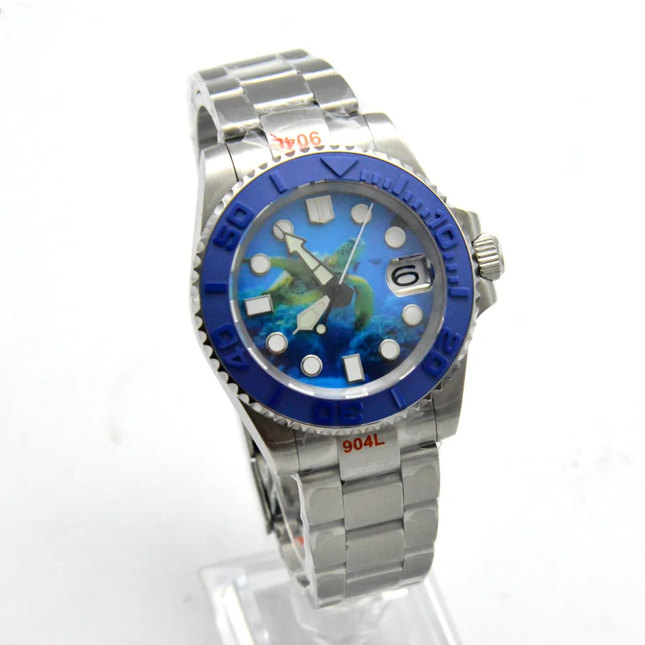 

Мужские механические часы NH35A с автоматическим перемещением, циферблат черепахи 40 мм, светящиеся с датой, сапфировое стекло, устричный ремешок