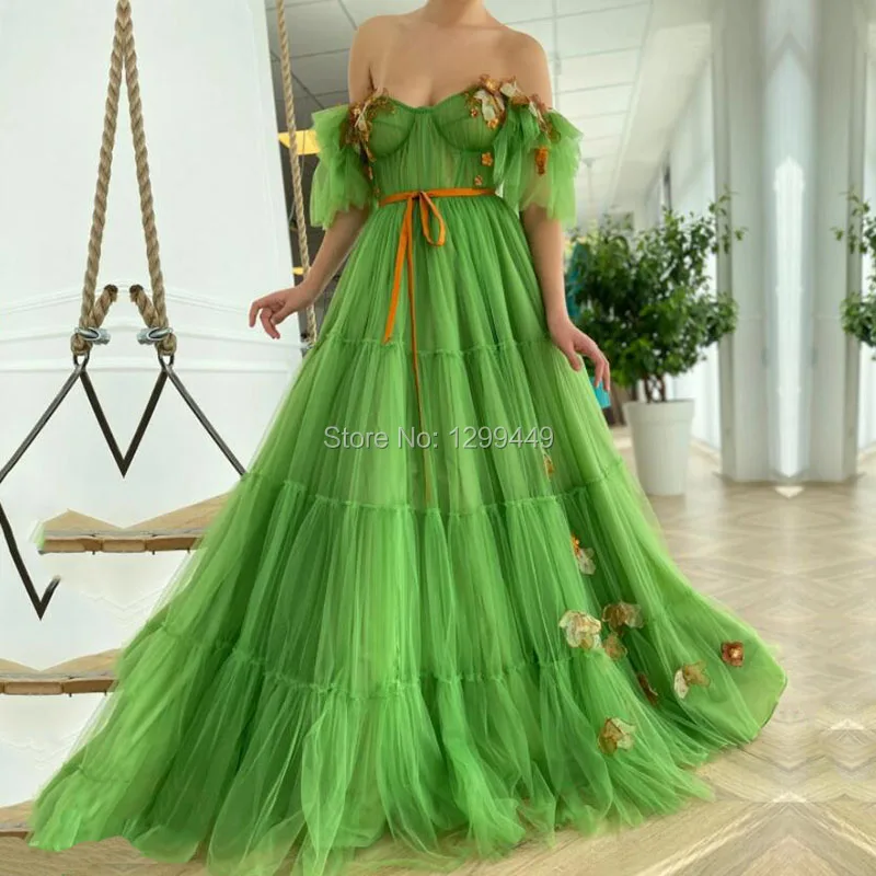 Otto fiabe abiti da ballo con spalle scoperte fiori verde A Line Tulle abito  da festa celebrità laurea vestido de fiesta largo|Prom Dresses| - AliExpress