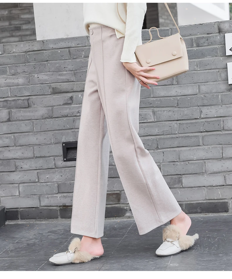 Ankle-Length Women Woolen Pants Wide Leg Pant 2019 New Fashion Autumn Winter Wear High Waist Loose Female Black Beige Trousers (5)