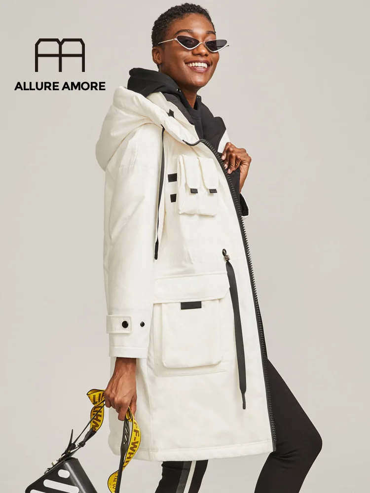 Allure Amore, зимнее хлопковое пальто для женщин, на молнии, с большим карманом, верхняя одежда, куртки с капюшоном, плотные, теплые, женские парки - Цвет: Pearl White