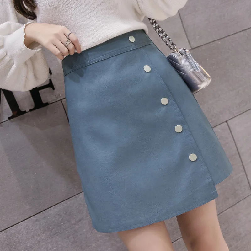 LYZCR, зимняя женская юбка из искусственной кожи, Женская мини-юбка на пуговицах для офиса, женская сексуальная юбка из искусственной кожи, Женская посылка - Цвет: Blue