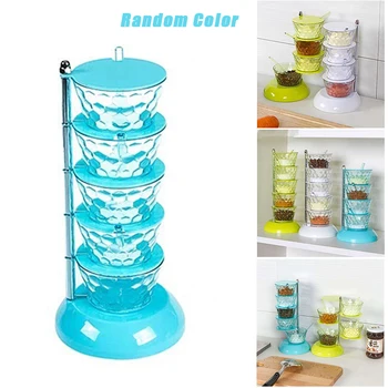 

Mutifunctional Standing Rotating Condiments Box 5-layer Vertical Transparent Spice Jar with Spoon Kitchen Supplies PI669