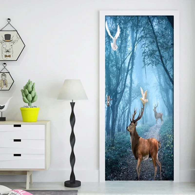 Печать 3D наклейка голубь лось, лес пейзаж Картина самоклеющаяся Наклейка ПВХ водонепроницаемый плакат дома гостиной двери украшения
