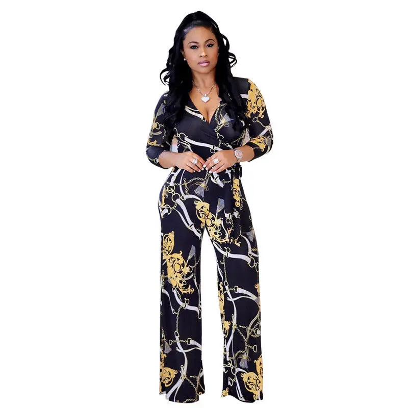 

2019 Autumn Women's Sexy Floral Bodysuits Print Sashes Long Sleeve Playsuit Bodycon Party Jumpsuit Romper Trousers
