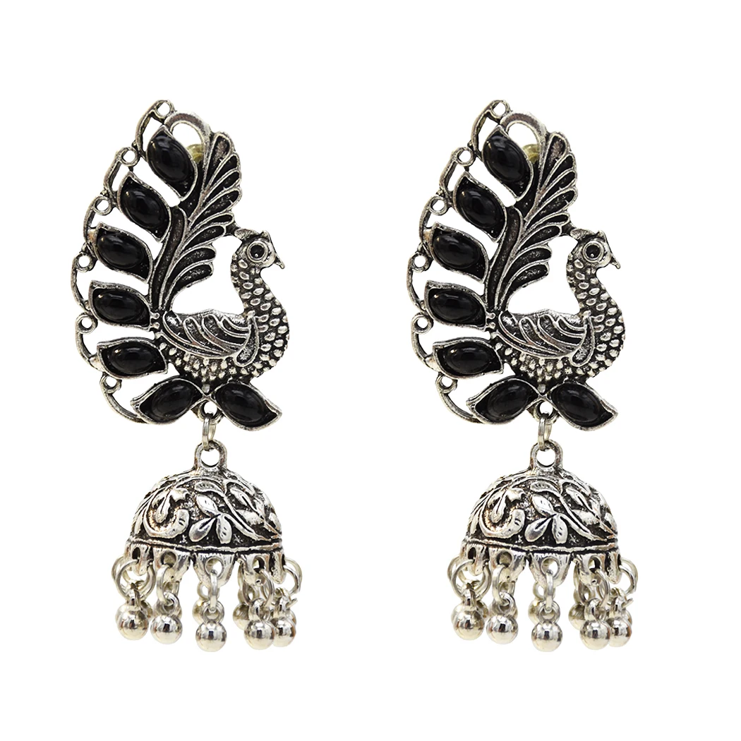 E-5365-BK Для женщин индийский окисленный Jhumka Jhumki индийские серьги золотого и серебряного цвета, на крючках с длинной бахромой серьги женские массивные уши афганских ювелирные изделия - Окраска металла: E-5365-BK