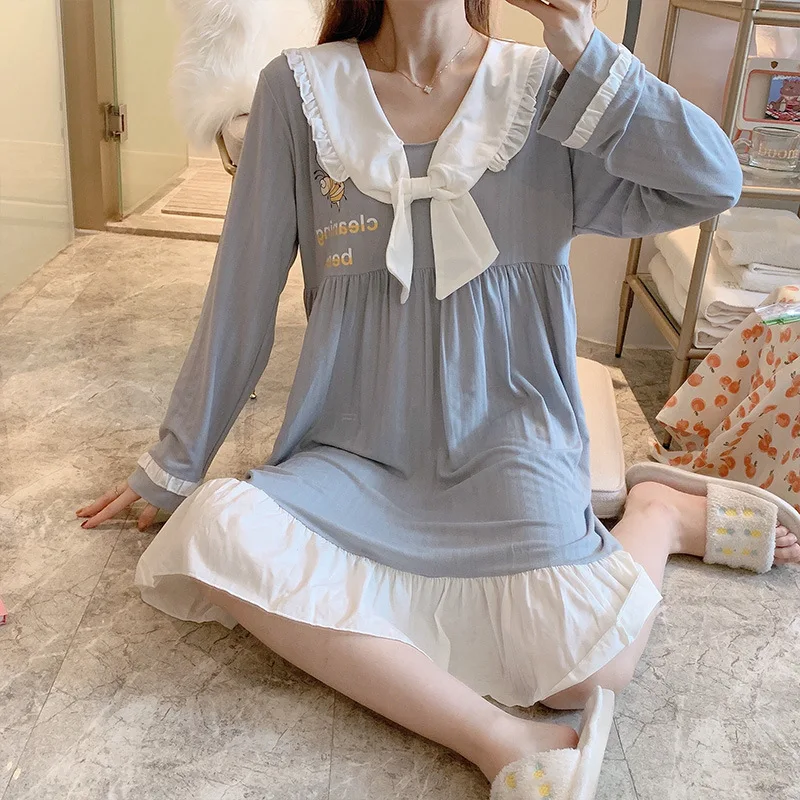 

2021 Spring New Nightdress Combed Cotton Korean Pure Color Sweet Lovely Pullover Long Sleeve Housewear Sleepwear Women