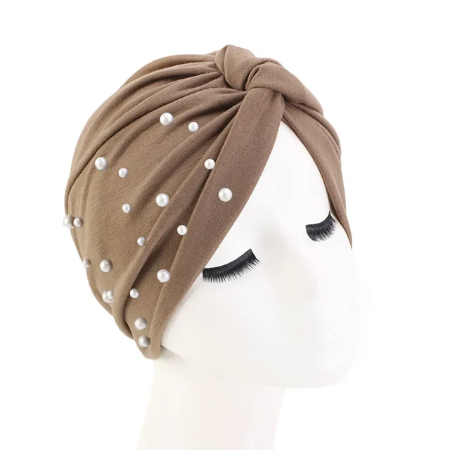 New Muslim Women Pearl Beading Elastic Turban Hat Cancer Cap Head Wrap cotton twist Chemo Cap Beanie Hijab Caps Headwear Khaki with bead