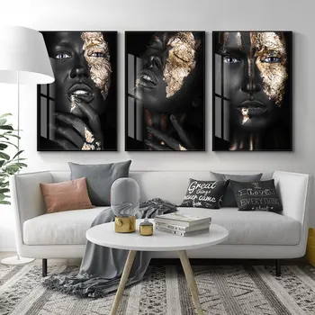

Gold Fashion Sexy Black Dark Skinned Woman Portrait Canvas Painting Posters and Prints Wall Pictures for Living Room Home Decor