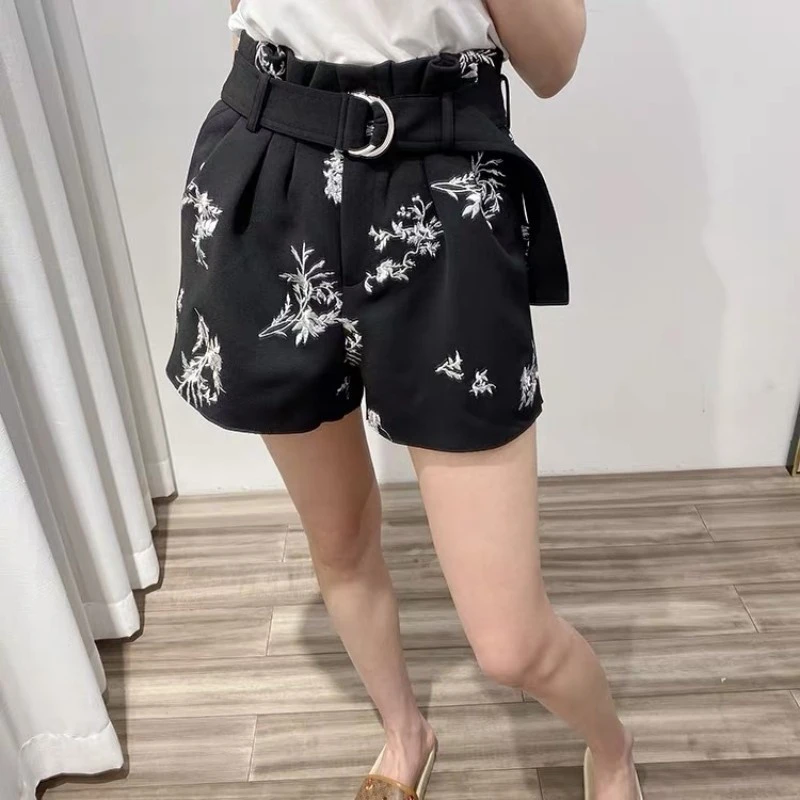 Pantalones cortos elegantes para cortos de cintura alta con bordado, de calle, con bandas, holgados e informales, para oficina, S L|Pantalones cortos| - AliExpress