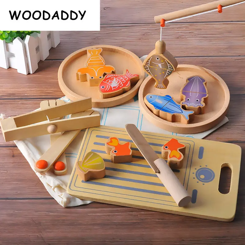 

Baby Toys Multi-function Fishing/Cutting Food 2 In 1 Wooden Toys For Kids Simulation Pretend Play Kitchen Toys Educational Gift