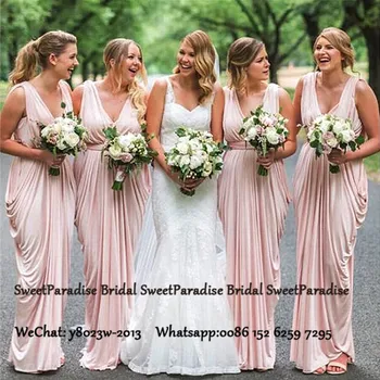 

Pink Plunging Neck Bridesmaid Dresses For Women Sleeveless Long Pleat Sheath Party Wedding Guest Dress Party Gown
