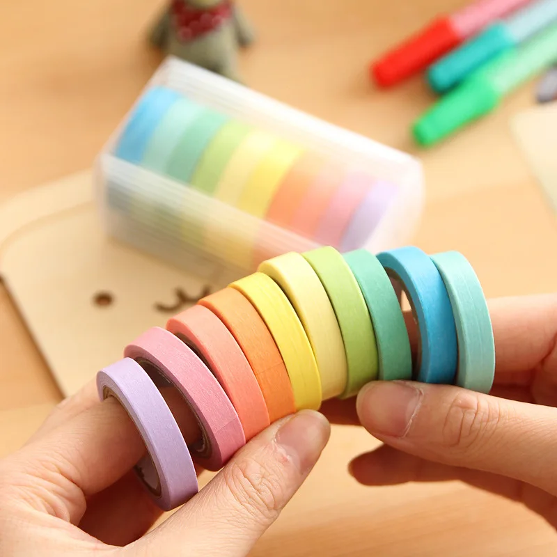 10 Pcs/box Rainbow Solid Color Japanese Masking Washi Sticky Paper Tape Adhesive Printing DIY Scrapbooking Deco Washi Tape Lot
