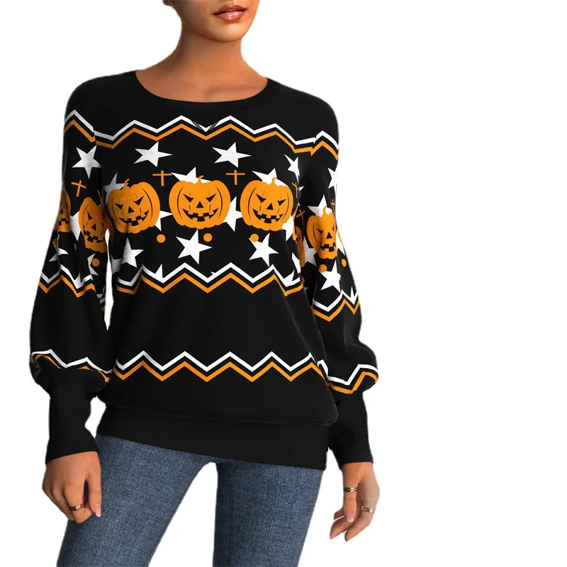 

2021 New Autumn and Winter Women's Long-Sleeved T-shirt Printed round Neck Halloween Funny