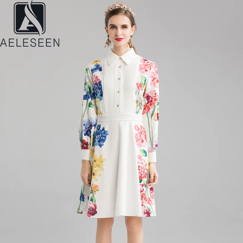 

AELESEEN 2020 Runway Floral Series A-Line Dresses Women Blue & Pink Contrast Flower Print Draped Bust Office Lady Midi Dress