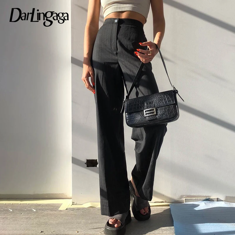 

Darlingaga Elegant Fashion Stripe High Waist Pants Women Straight Casual Ladies Trousers Sweatpants Harajuku Pants Capri Bottom