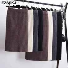 60-80 см эластичные женские юбки осень зима теплая трикотажная прямая юбка ребристая юбка средней длины черная
