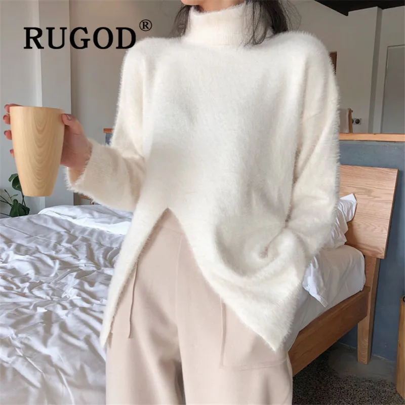 RUGOD 2019 new autumn warm women's turtleneck sweater pullovers cashmere split loose soft knit pull fashion female casual tops | Женская