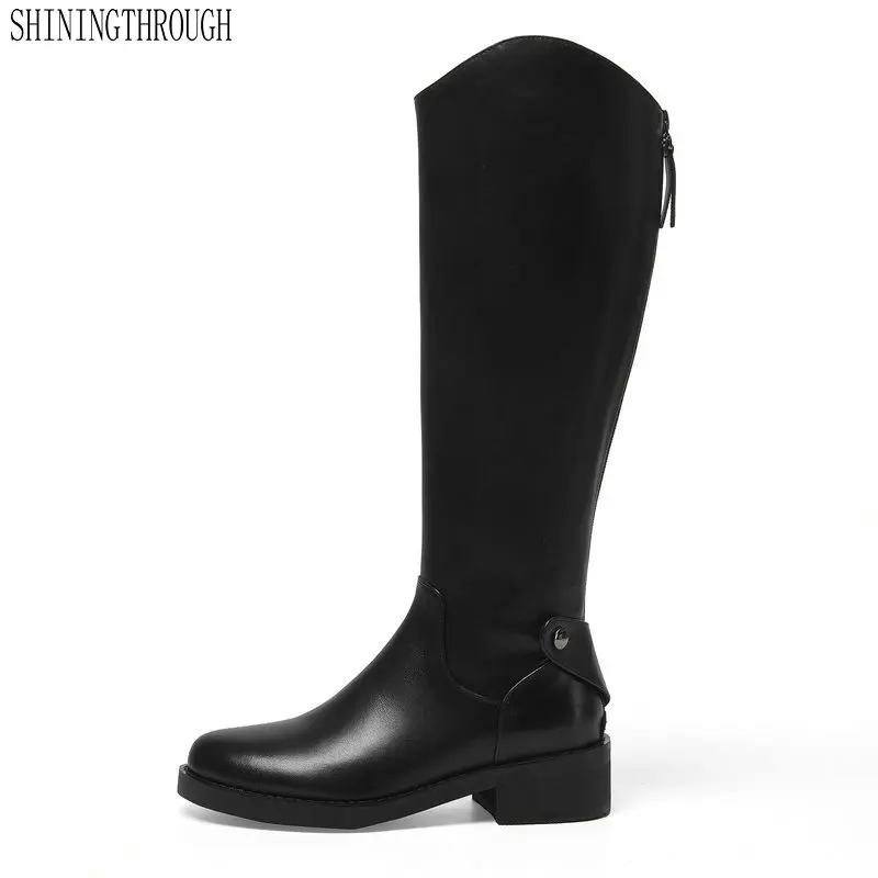 

Women Knee High Boots 4cm med Heels Genuine Leather Long Warm Autumn Winter Shoes Woman Motorcycle Boots size 41 42 43