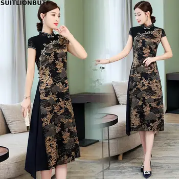 

Perfect Quality Chinese Style Lace Patchwork Cheongsam Embroidery Mandarin Collar Sukienki Party Dress Ropa Mujer Robe Vestidos
