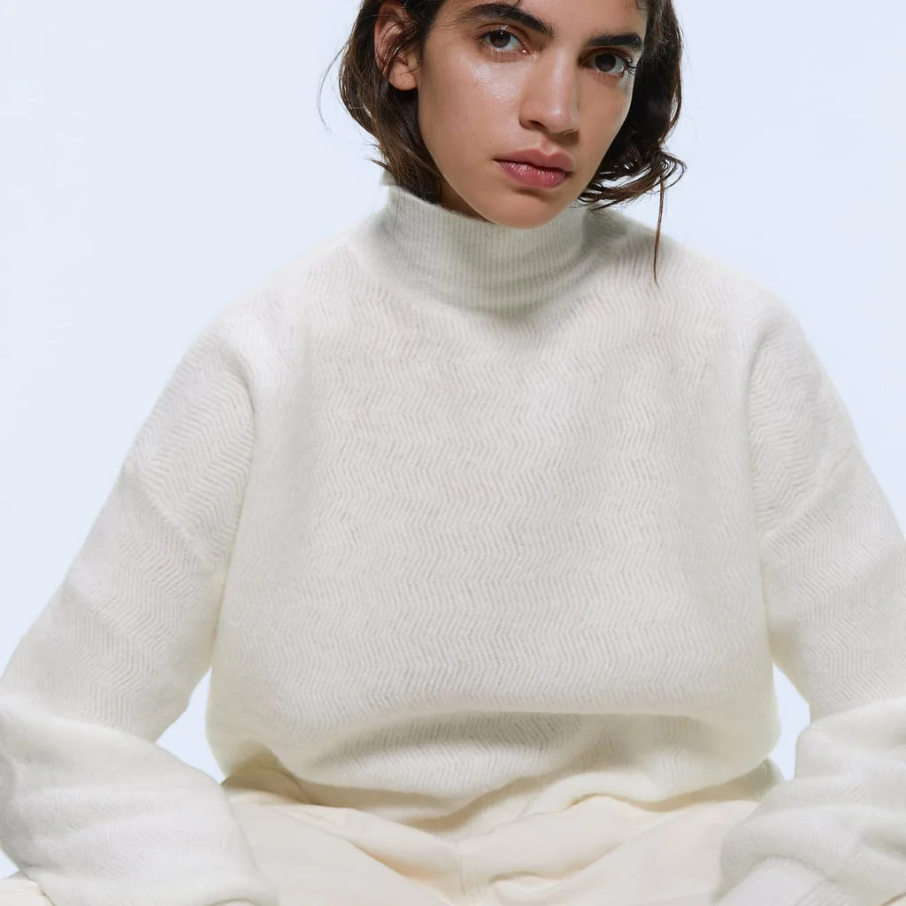 ZA зимний модный Однотонный свитер с высоким воротом, повседневный белый плотный вязаный свитер с пышными рукавами, женские пуловеры