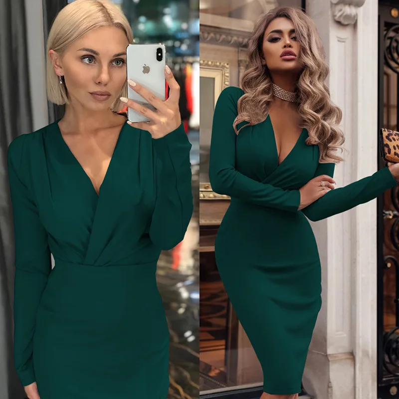 BacklakeGirls новые сексуальные V атласные коктейльные платья с длинными рукавами длиной до колена одноцветные для женщин коктейльные платья для ночного клуба