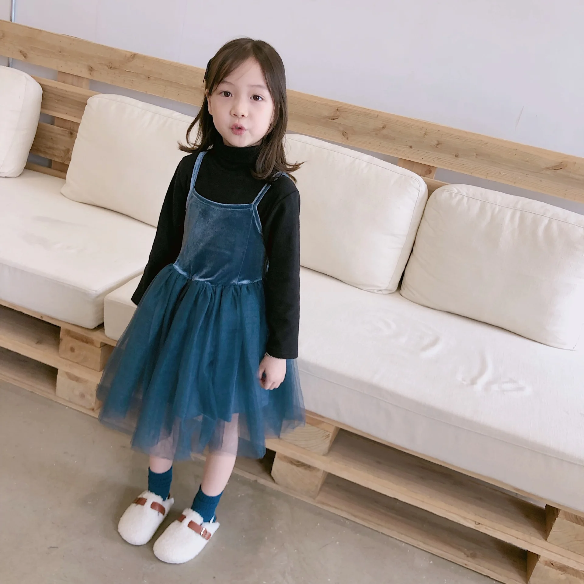 

Baby girls dress solid pink blue color straps overall autumn winter kids dresses