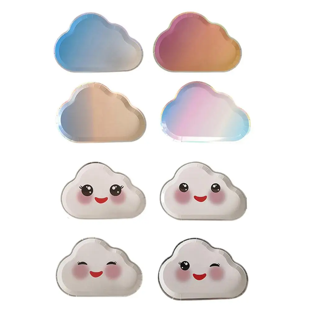 8Pcs Funny Cloud Smiley Mixed Paper Plate Tray Flatware Set Expression Picnic Tray Cute White Paper Tray For Birthday Party