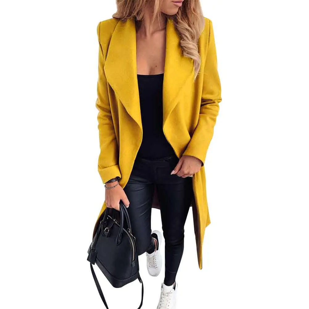 Модное офисное Женское пальто средней длины с отворотом и поясом на талии, повседневное утолщенное осенне-зимнее повседневное теплое однотонное пальто - Цвет: Цвет: желтый