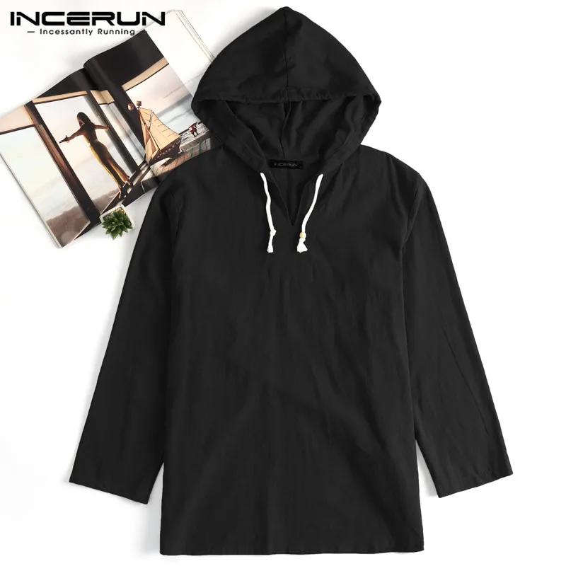 INCERUN 2019 осень Для мужчин рубашка с капюшоном с длинным рукавом 100% хлопок Однотонная повседневная обувь рубашки Для мужчин свободные