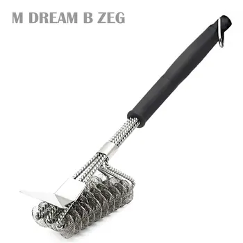 

Three-head BBQ Grill Brush Stainless Steel spring Barbecue Brushes with Scraper Picnic Cleaning Tool