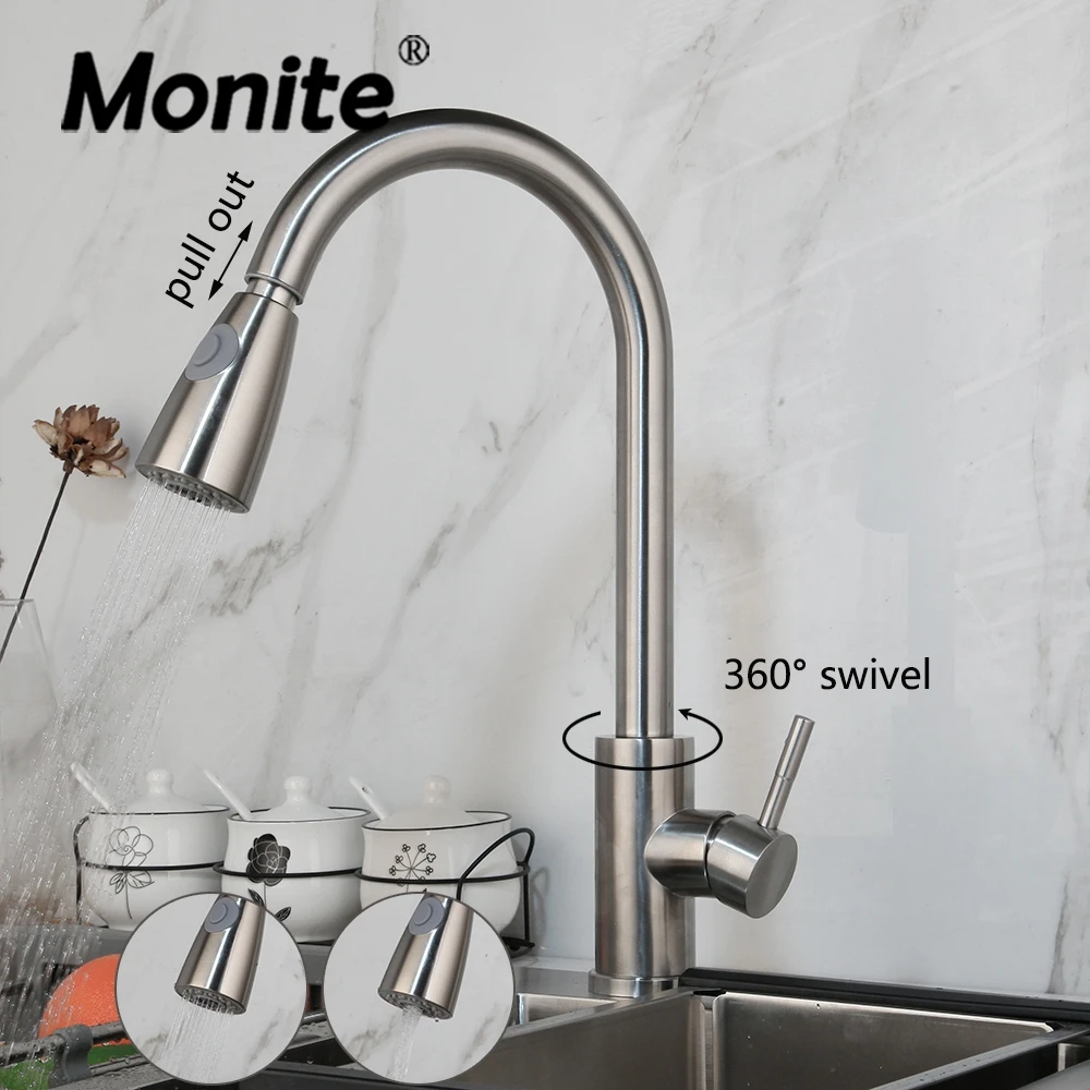 Матовый выдвижной кухонный смеситель для раковины Monite из нержавеющей стали с