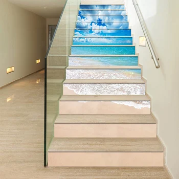 

PVC wallpaper Beach waves landscape simple 13 pieces of DIY stair stickers, step stickers, wall stickers