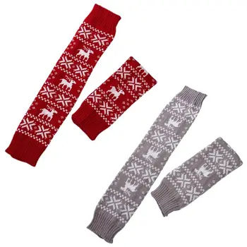 

Women Girl Christmas Crochet Knit Long Leg Warmers Reindeer Snowflake Jacquard Over Knee Thigh High Cover Boot Socks with Ribbon