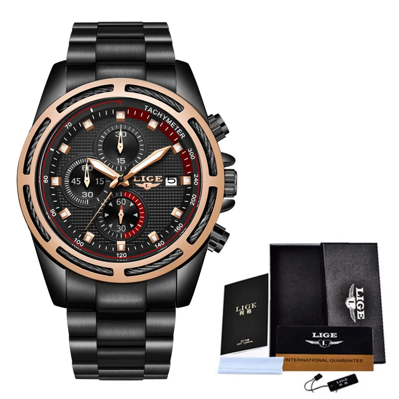 Black Rose Gold Люксовый бренд LIGE мужские военные спортивные часы мужские кварцевые часы с датой мужские повседневные полностью Стальные наручные часы Relogio Masculino+ коробка - Цвет: Black Rose Gold