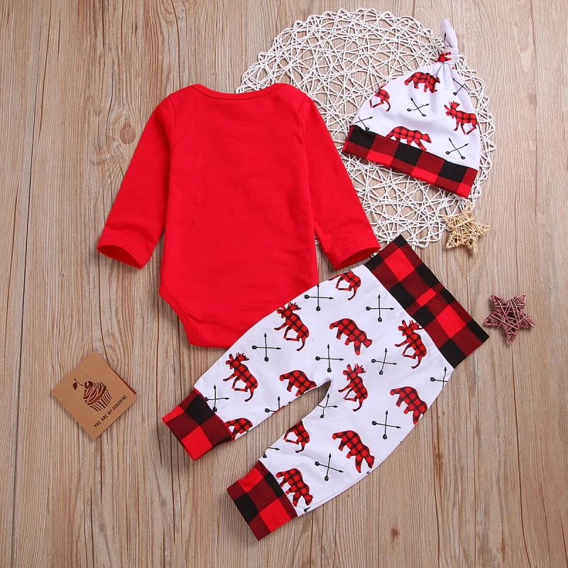 3 шт./компл., детская Рождественская одежда, рождественские подарки, красный комбинезон с длинными рукавами+ шляпа оленя+ штаны, Новорожденные девочки-мальчики, комплекты одежды
