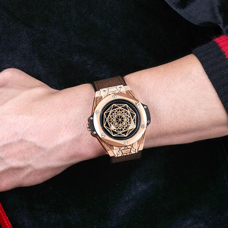 RUIMAS Лидирующий бренд мужские повседневные наручные часы мужские спортивные водонепроницаемые кварцевые часы модные военные кожаные часы с хронографом Montre Homme - Цвет: RL533-Rose