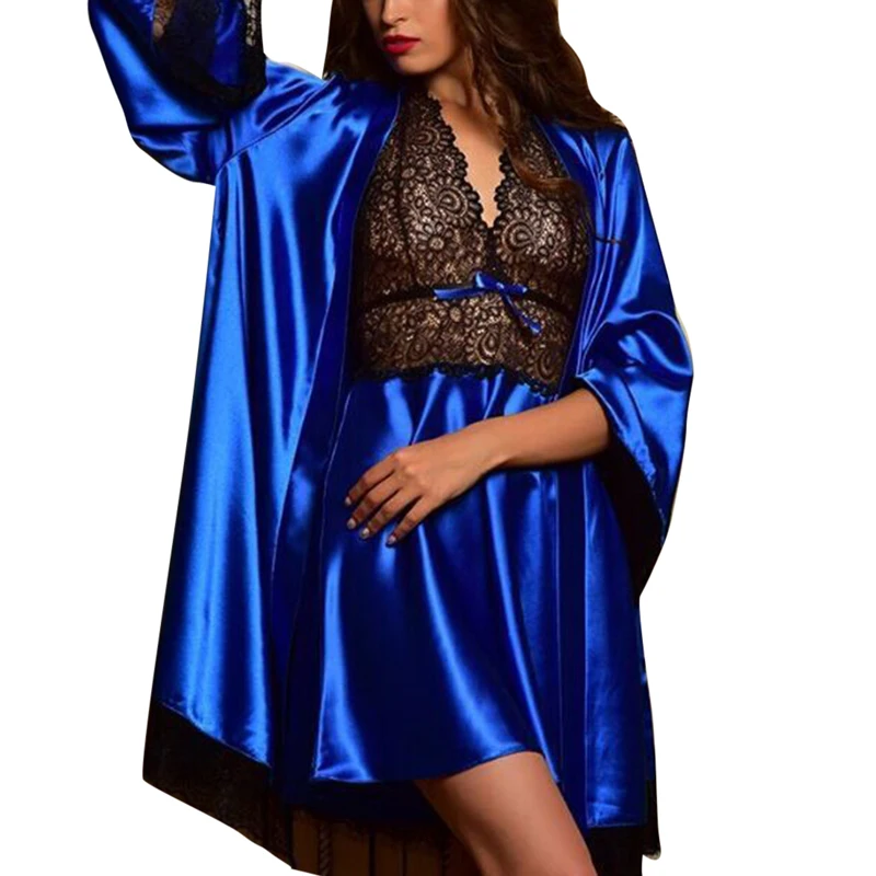 Женская ночная рубашка, атлас, кружевная сексуальная одежда для сна нижнее белье, ночное мини однотонное платье с v-образным вырезом, ночная рубашка - Цвет: Blue