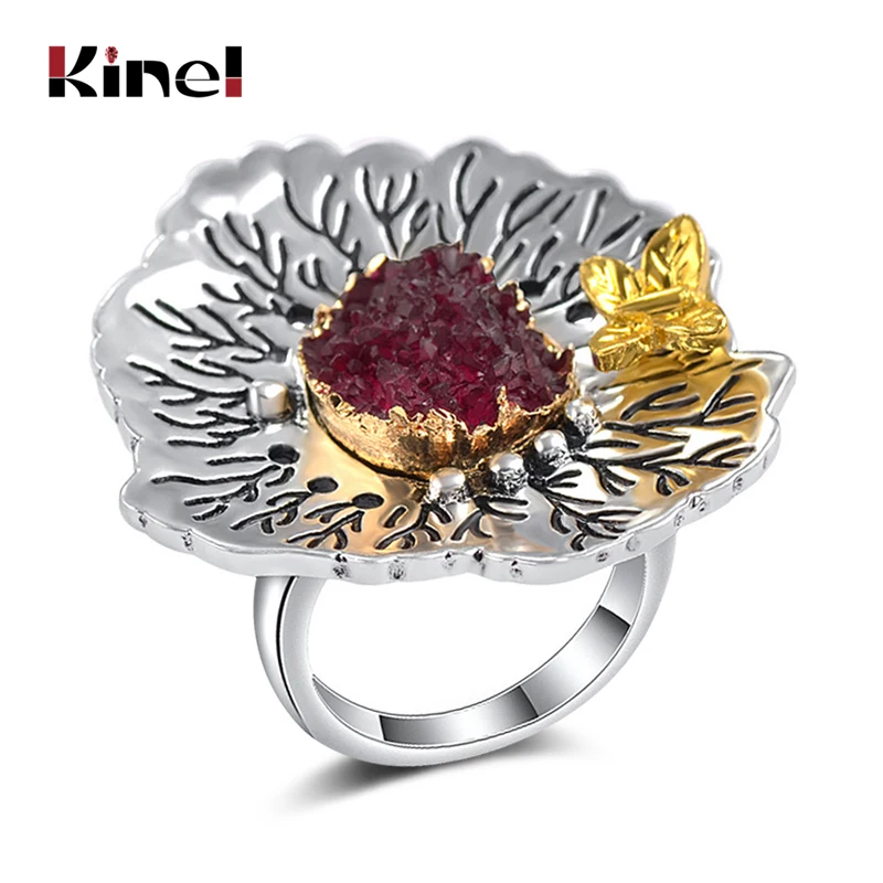 Винтажное большое женское кольцо Kinel из натурального камня цвет античное серебро