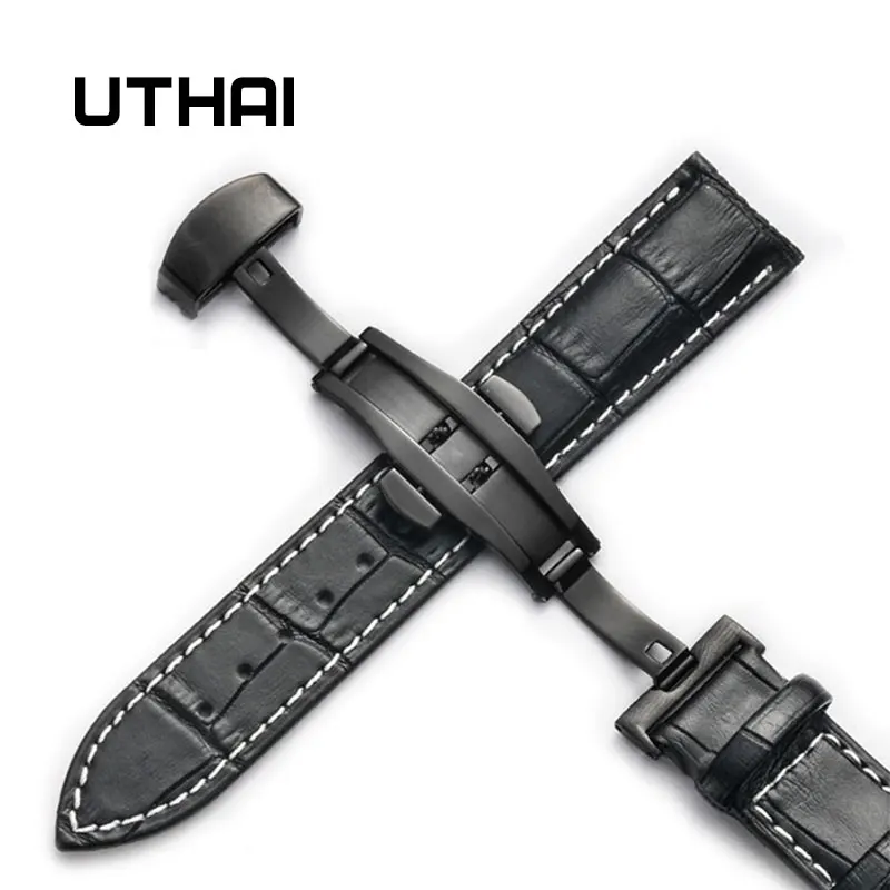 Black-black-white UTHAI Z09 Plus Ремешки для наручных часов из натуральной кожи 12-24 мм Универсальные часы с бабочкой и пряжкой стальной ремешок с пряжкой 22 мм ремешок для наручных часов - Цвет ремешка: Black-black-white
