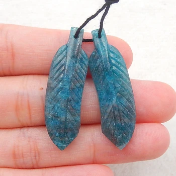 

Semi-precious Stones Jewelry accessories Natural Blue Apatite Crystal Carved Leaf Earring Beads 37x11x3.5mm，5.7g