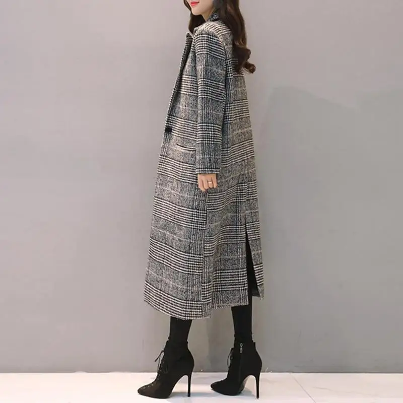 Женское шерстяное пальто осень зима Cassic простое длинное клетчатое пальто кардиган тренчкот шерстяное пальто универсальные винтажные размера плюс