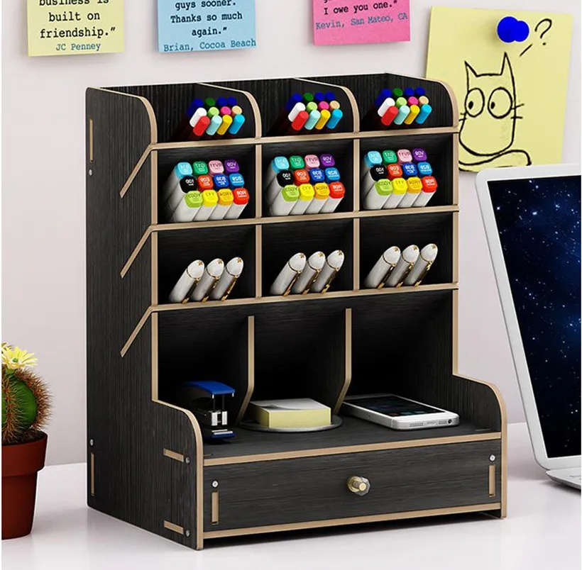 

Multifunction Wood Desktop Organizer Pen Pencil Holder Stand Stationery Accessories Storage with Drawer for Home School Office